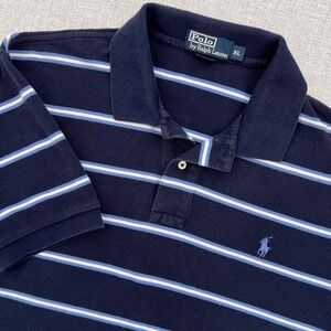 VTG Polo Ralph Lauren Striped Polo Shirt Men XL Navy Blue Cotton Preppy Golf Ivy